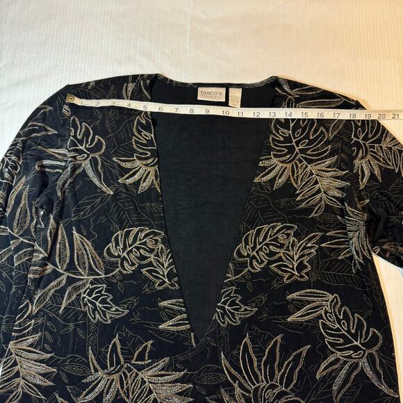CHICO'S Travelers Cardigan 2 Black Tropical Palm Print Tie Front Stretchy Slinky - Picture 7 of 7